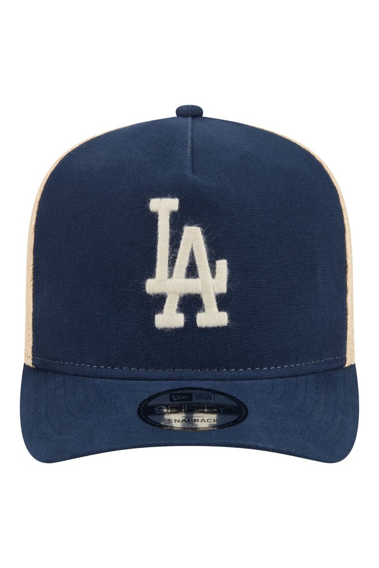 Men's New Era  Blue/Natural Los Angeles Dodgers Grained 9FIFTY A-Frame Trucker Adjustable Hat, Alternate, color, Blue