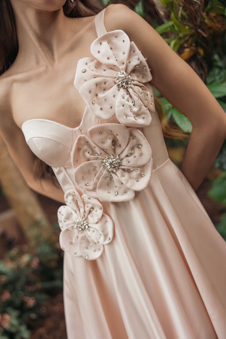 Strapless Satin Bustier Gown With 3D Flowers, Alternate, color, Oyster