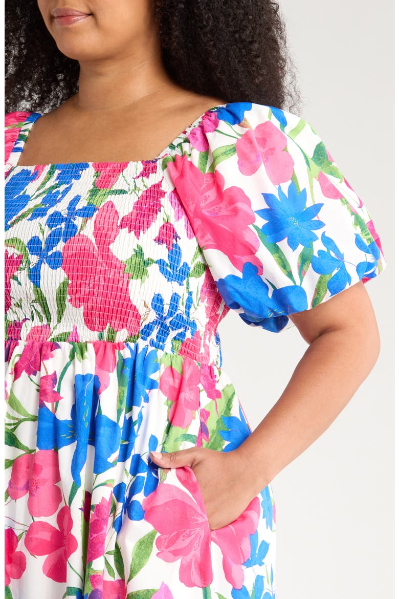 Liran Floral Maray Smocked Cotton Midi Dress, Alternate, color, PINK/ BLUE
