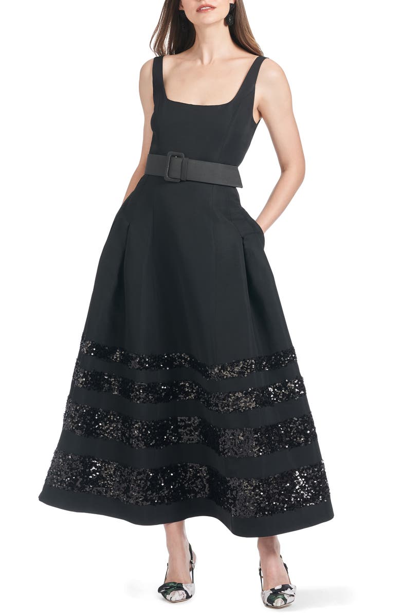 Sachin & Babi Mia Sequin Stripe Belted Faille Fit & Flare Cocktail Dress, Main, color,
