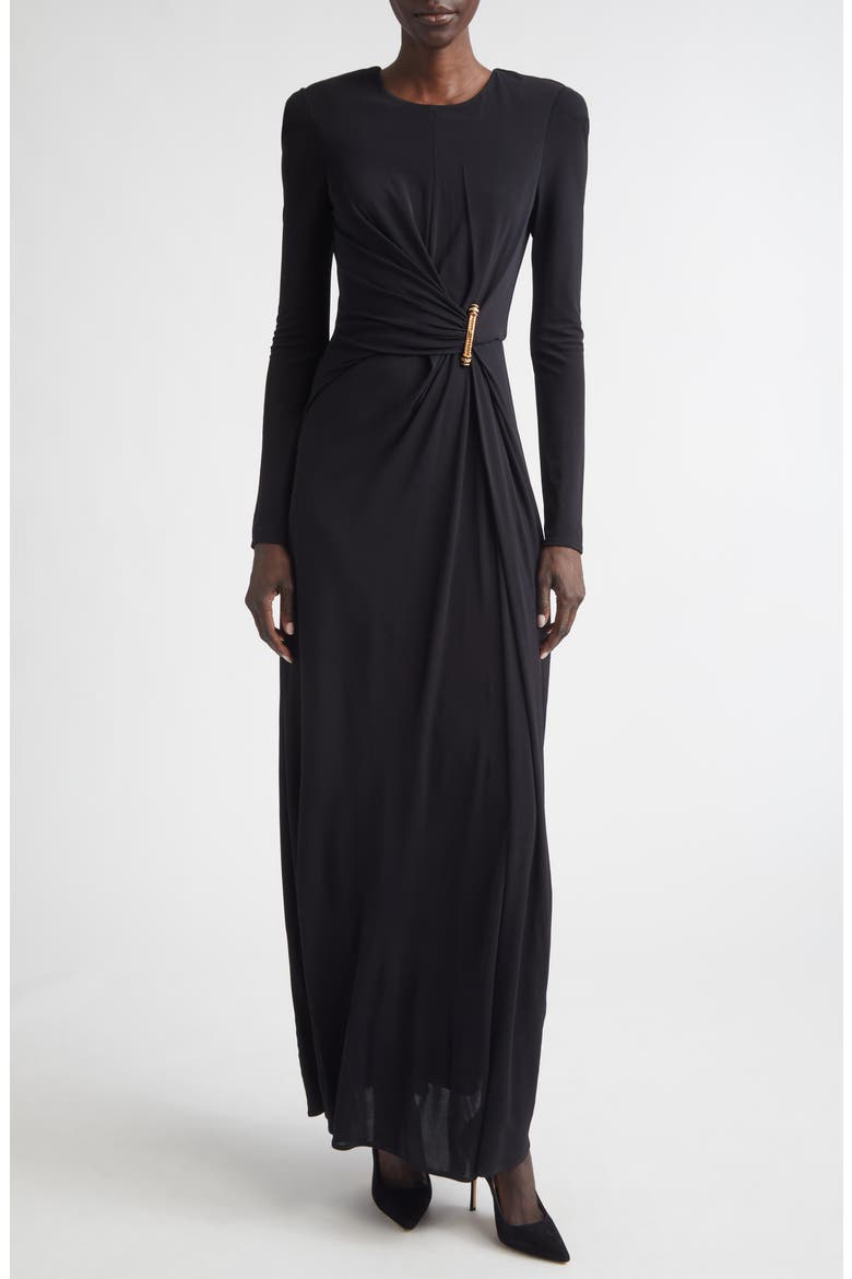 Dominique Long Sleeve Matte Crepe Jersey Gown, Main, color, BLACK