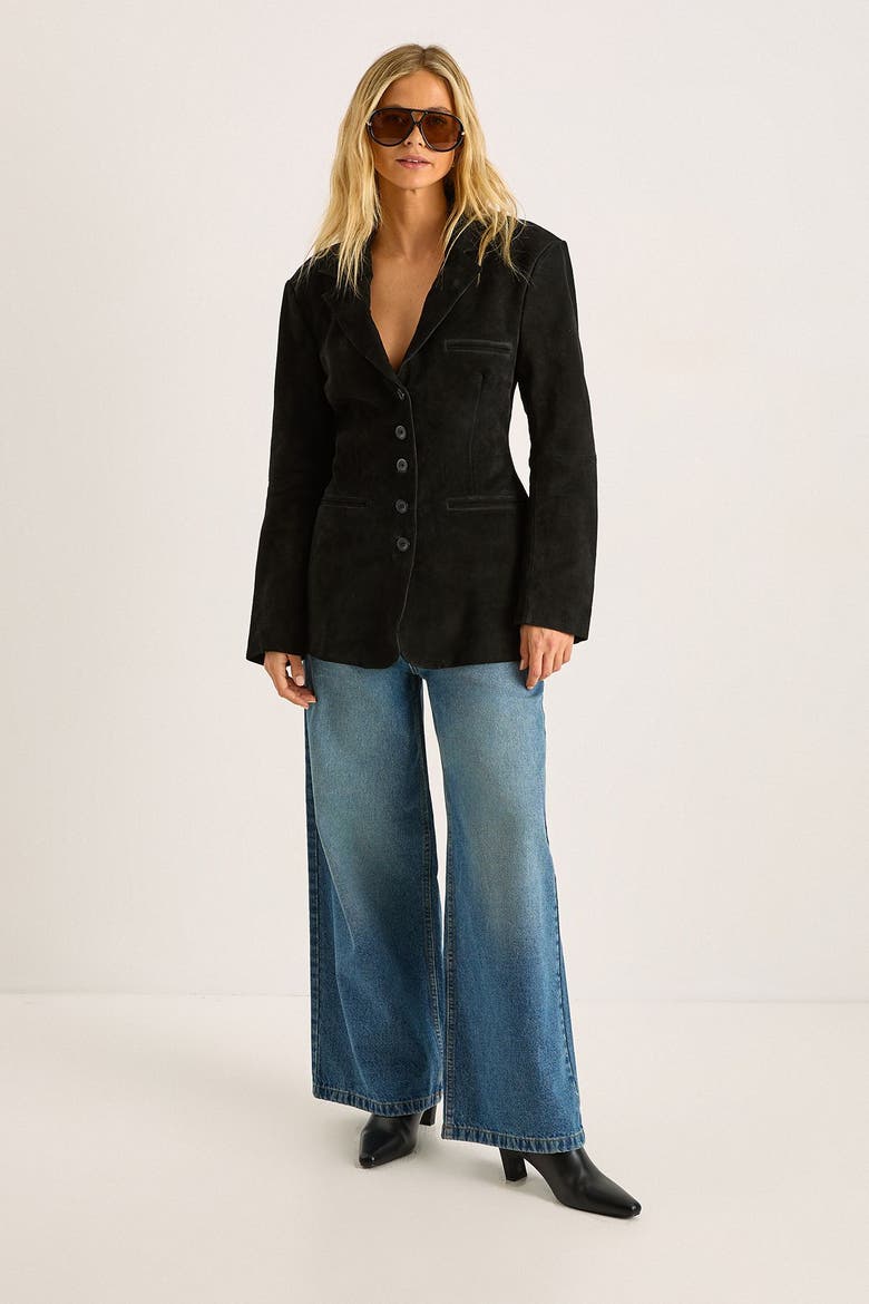 Real Suede Cinched Waist Blazer, Alternate, color, Black