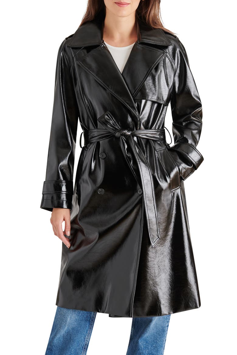 Ilia Faux Leather Trench Coat, Main, color, BLACK