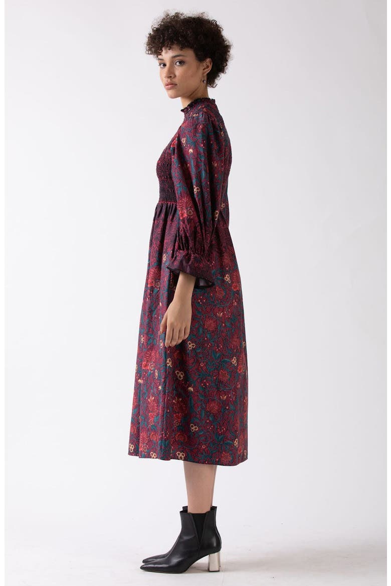 Aurnia Smocked Long Sleeve Midi Dress, Alternate, color, BLACK