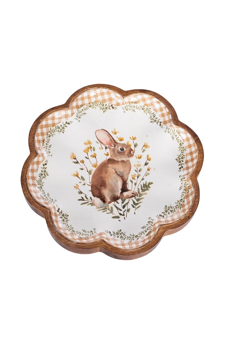 Plaid Tulip Flowers & Garden Bunny Decorative Spring Wooden Tray 8.66", Main, color, Brown