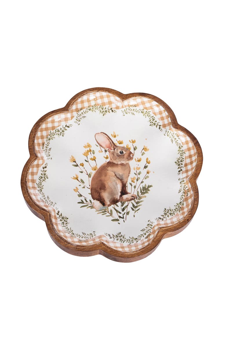 Gallerie II Plaid Tulip Flowers & Garden Bunny Decorative Spring Wooden Tray 8.66", Main, color, Brown