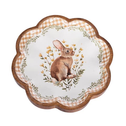 Plaid Tulip Flowers & Garden Bunny Decorative Spring Wooden Tray 8.66"