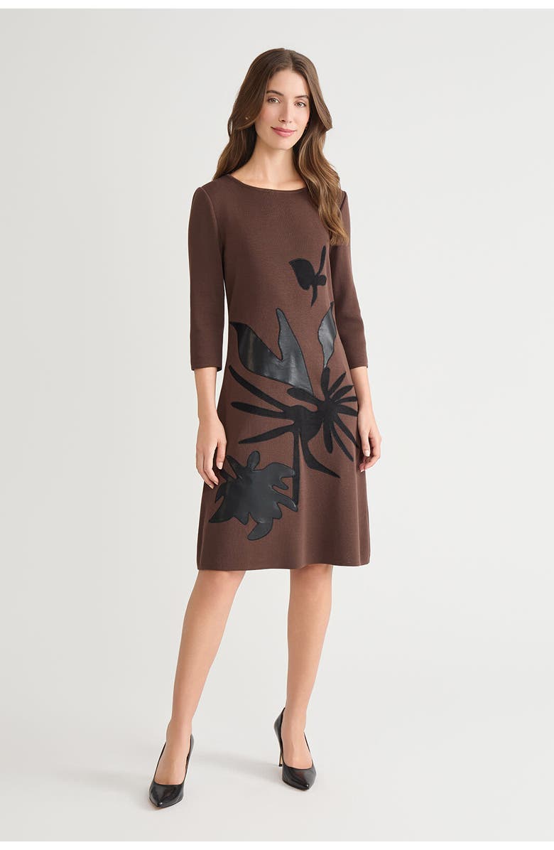 Ming Wang A-Line Botanical Applique Knit Dress, Main, color, Dark Umber/Black