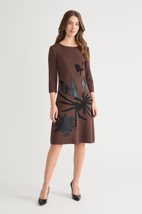 A-Line Botanical Applique Knit Dress