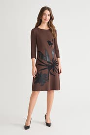 Ming Wang A-Line Botanical Applique Knit Dress