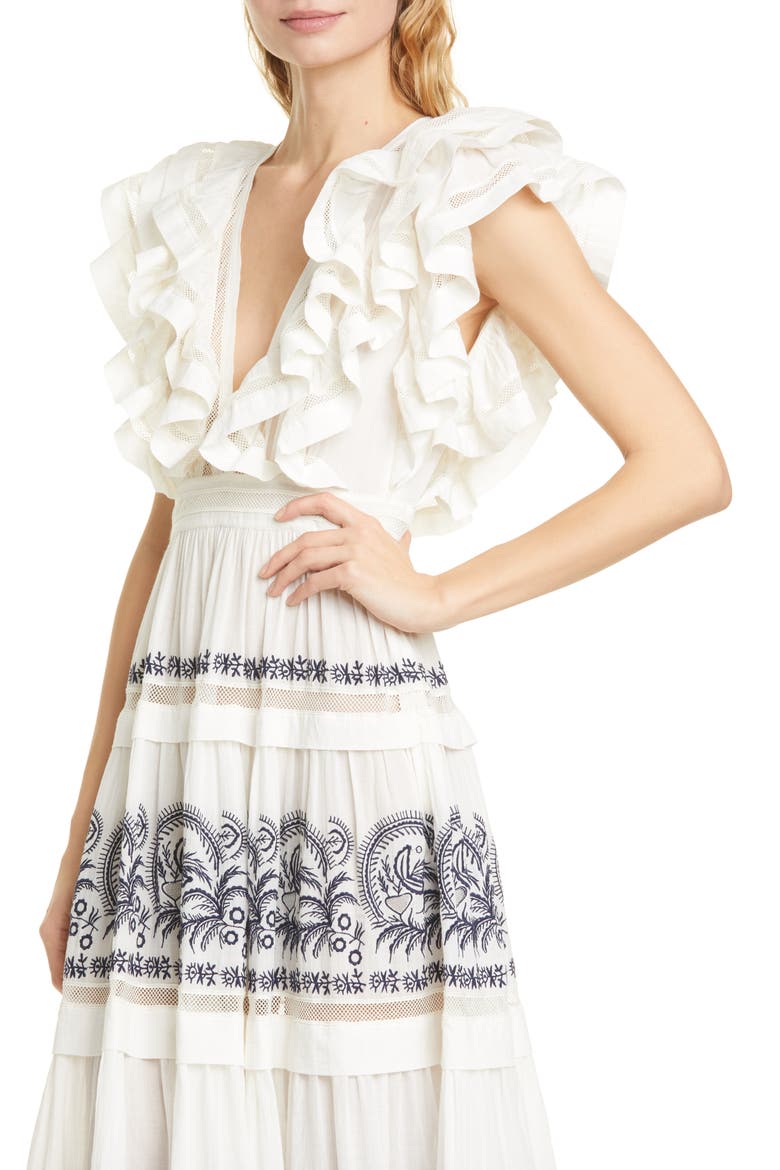 Marjorie Ruffle Embroidered Tier Cotton Maxi Dress, Alternate, color, BLANC