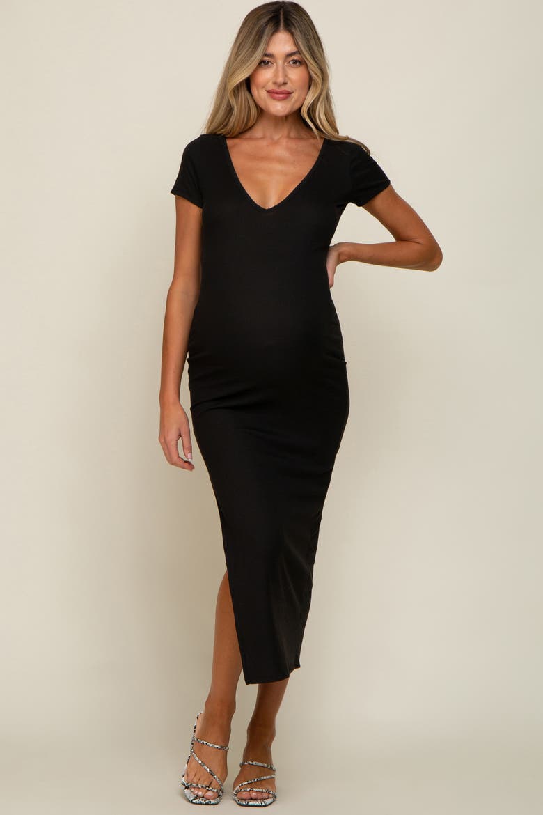 Basic Ribbed Side Slit Midi Dress, Main, color, Black