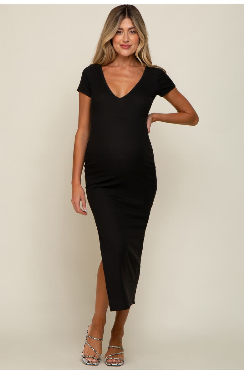 PinkBlush Basic Ribbed Side Slit Midi Dress, Main, color, Black