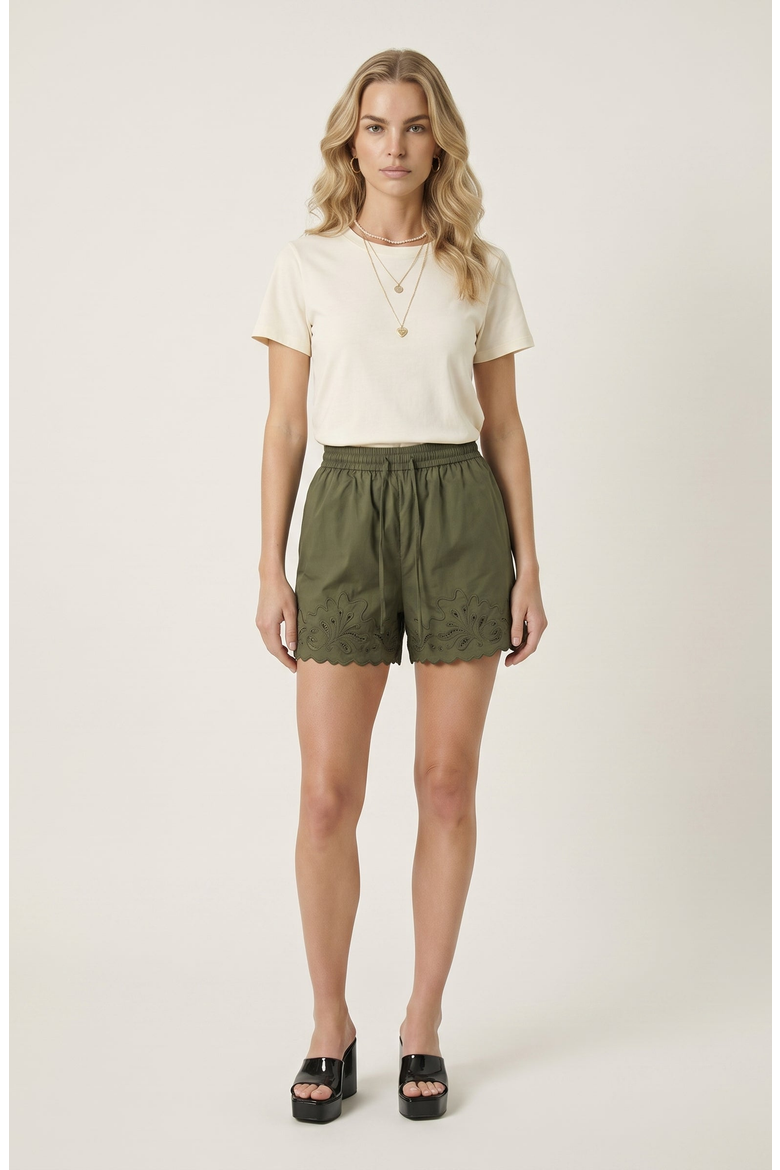 Eyelet Embroidered Shorts with Drawstring Waist and Scalloped Hems, Alternate, color, Green