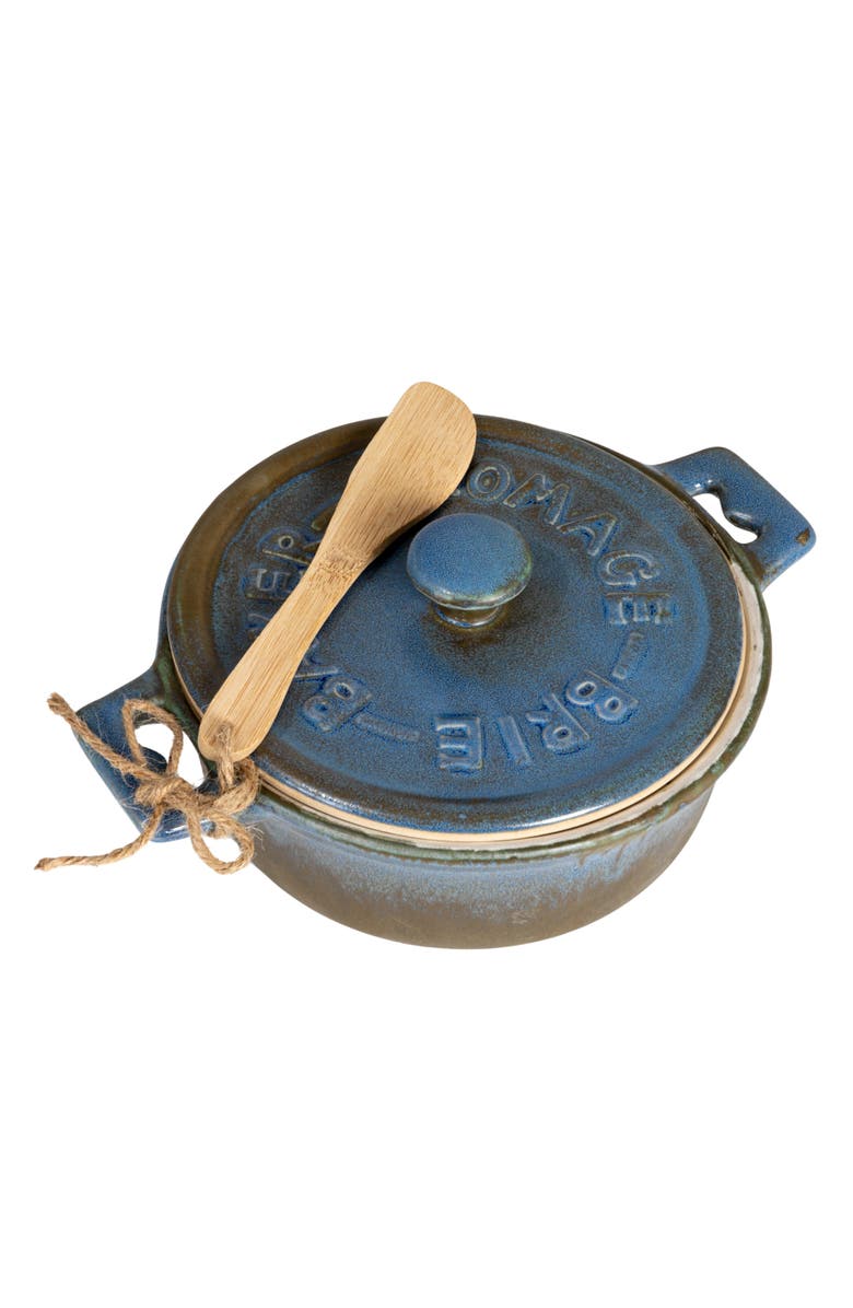 Storied Home Stoneware Brie Baker with wood Spreader Set in Reactive Glaze, Blue and Natural, Main, color, Blue