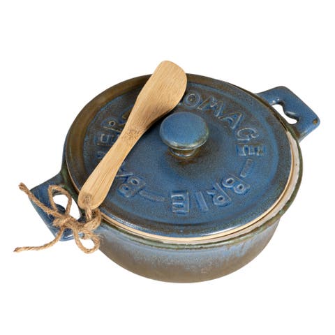 Stoneware Brie Baker with wood Spreader Set in Reactive Glaze, Blue and Natural