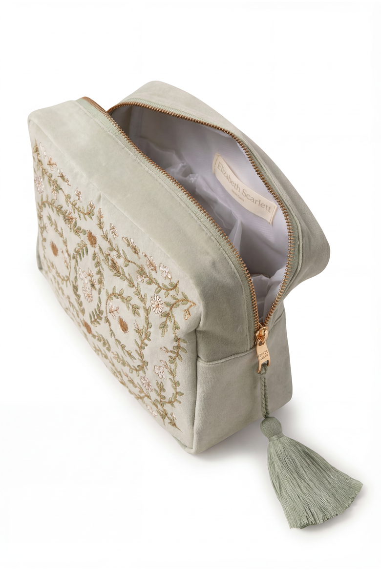 Mediterranean Garden Velvet Wash Bag, Alternate, color, Sage