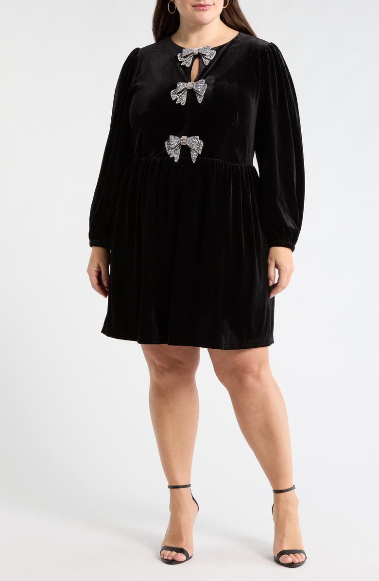 SUGARLIPS Glow Bow Velvet Long Sleeve Dress, Main, color,