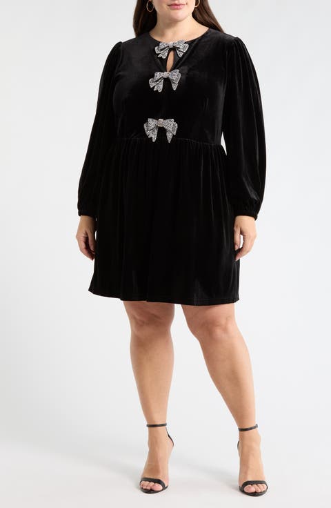 Glow Bow Velvet Long Sleeve Dress (Plus)