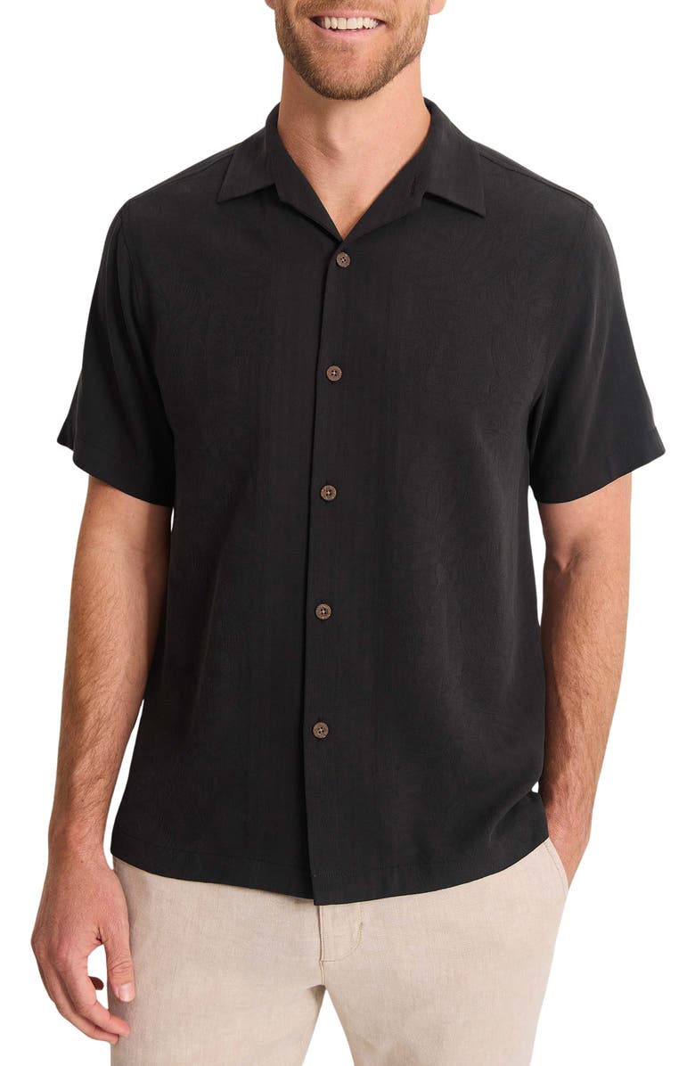 Tommy Bahama Maui Border Short Sleeve Silk Button-Up Shirt, Main, color, Black