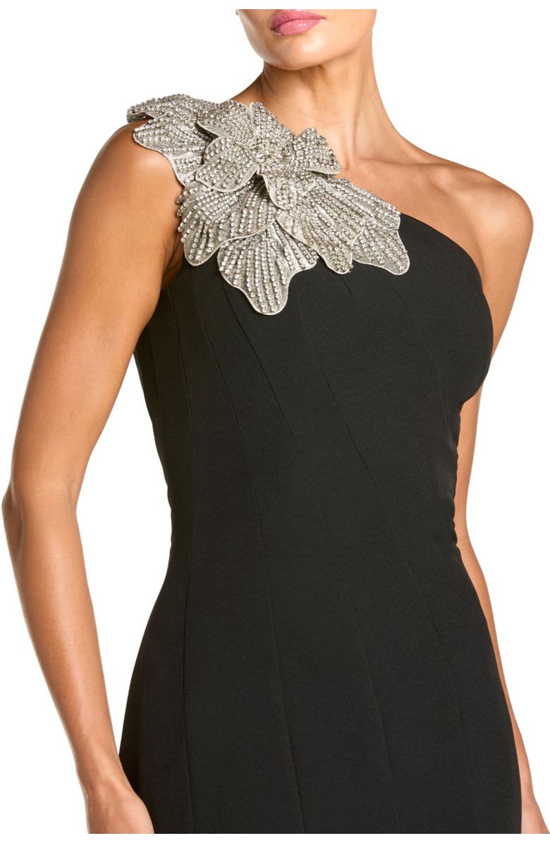 Mac Duggal Sleeveless Crepe One Shoulder Mermaid Midi Dress With Flower, Alternate, color, Black