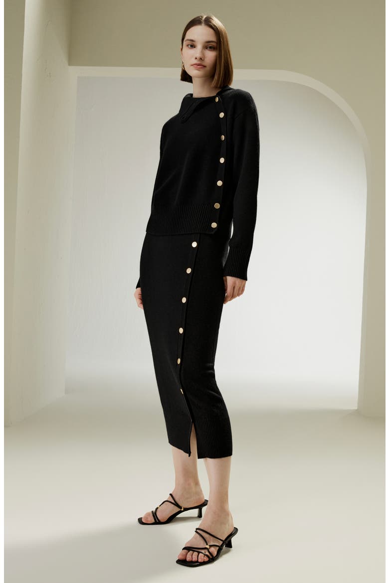 Women's Cashmere Sweater With Row of Side Buttons, Alternate, color, Black