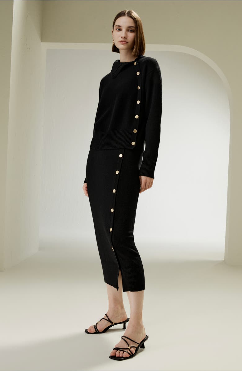 Lilysilk Women's Cashmere Sweater With Row of Side Buttons, Alternate, color, Black