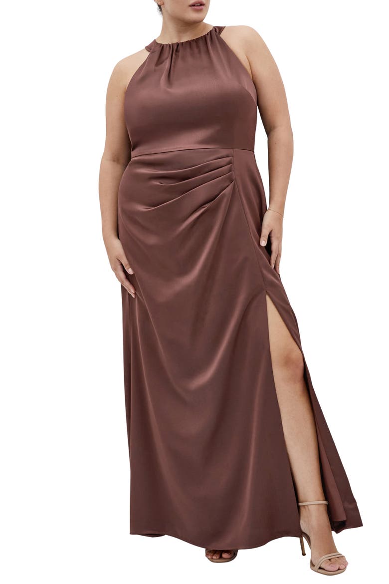 Celina Halter Neck Satin Maxi Dress, Main, color, RASIN