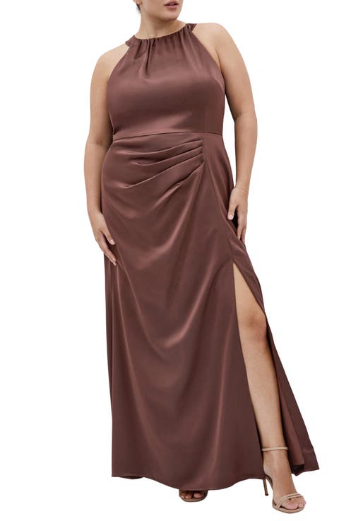 Celina Halter Neck Satin Maxi Dress (Plus)