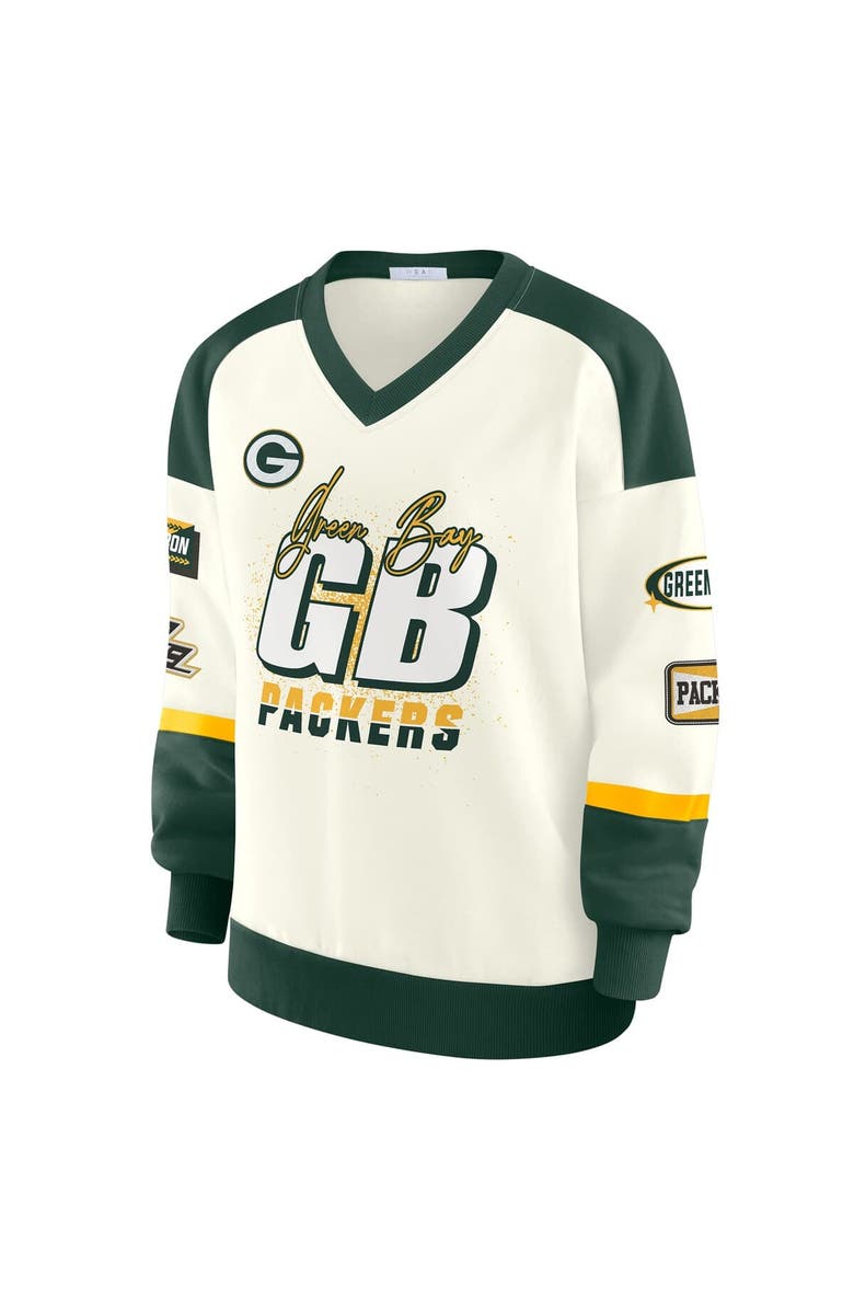WEAR by Erin Andrews Women's WEAR by Erin Andrews  Cream Green Bay Packers Racing Crew V-Neck Sweatshirt, Alternate, color, 