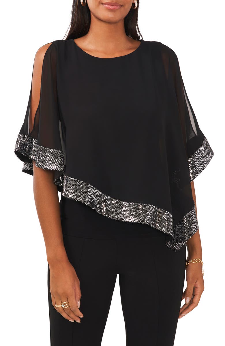 Chaus Sequin Trim Ruffled Cold Shoulder Overlay Top, Main, color,