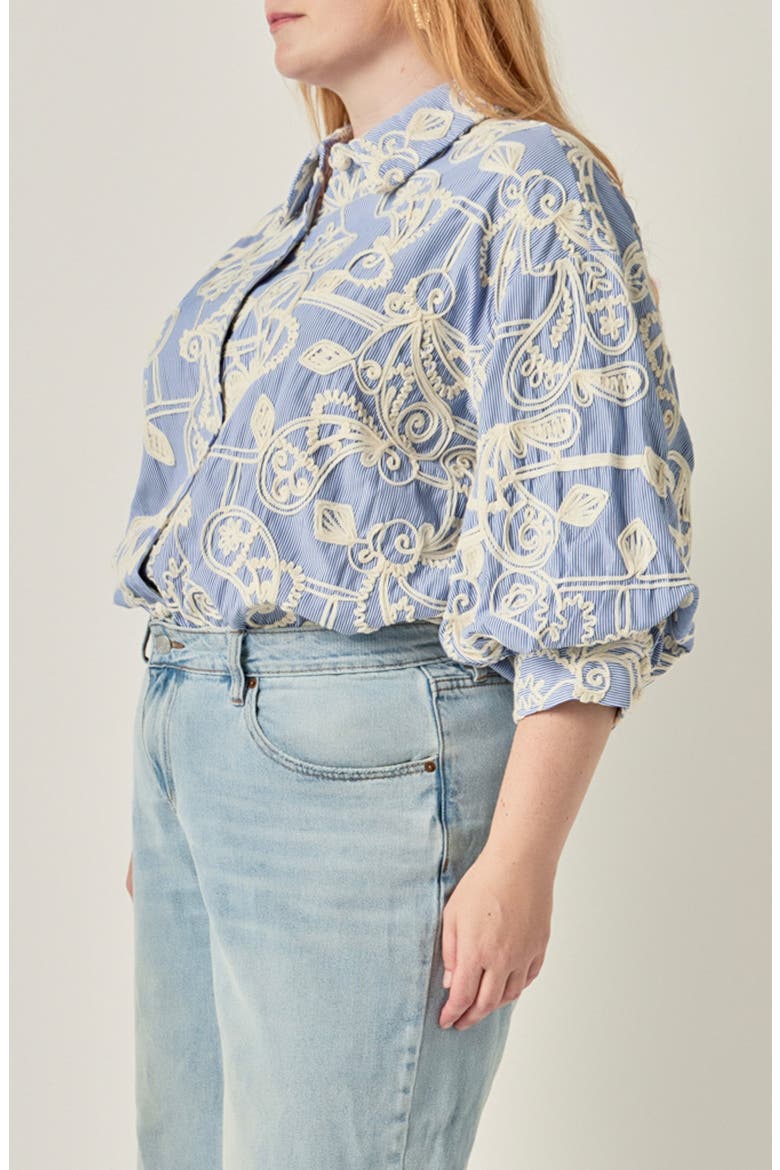 Embroidered Striped Volume Sleeve Shirt, Alternate, color, BLUE/ CREAM
