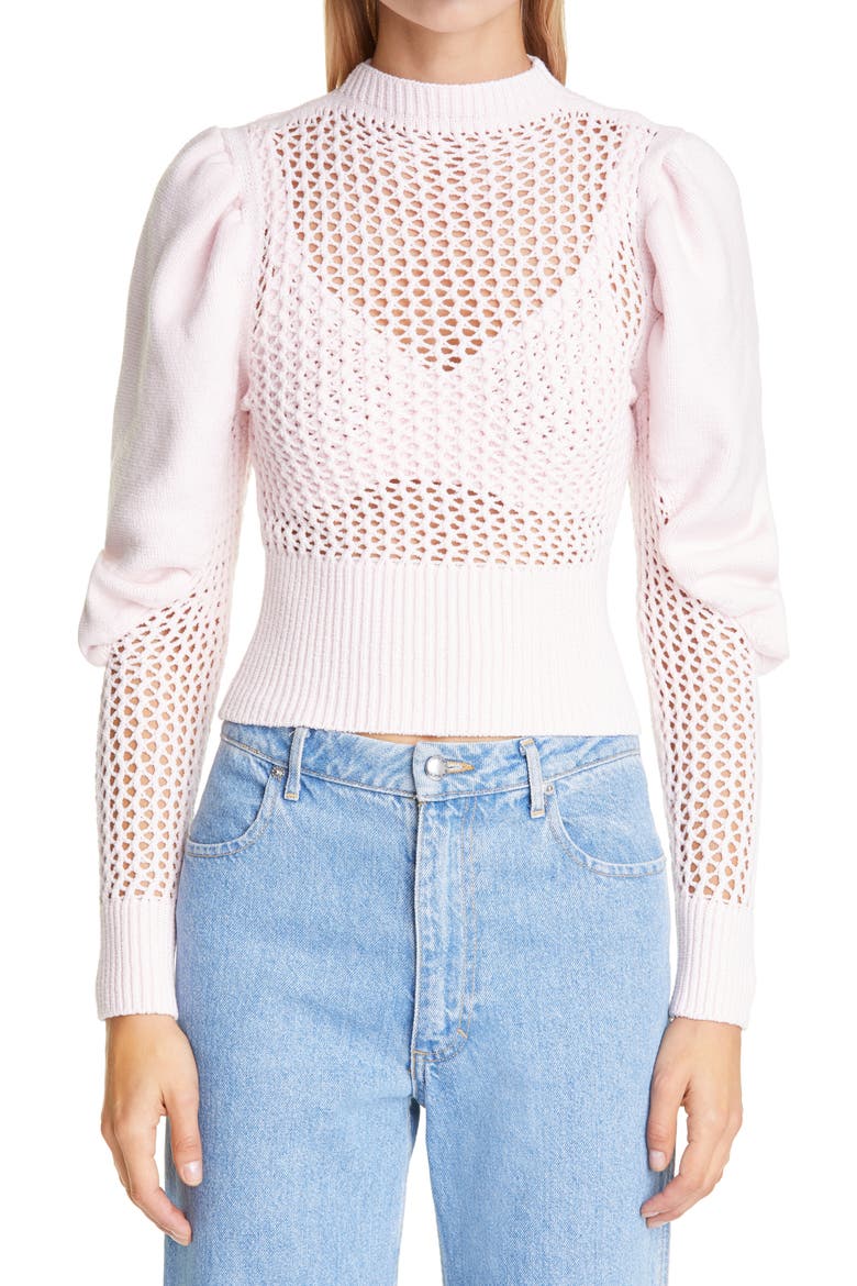Puff Sleeve Mesh Crop Sweater, Main, color, PINK