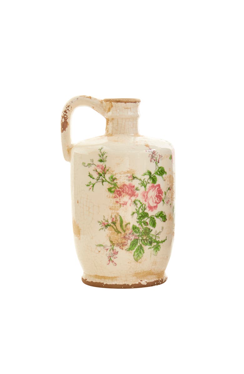 NEARLY NATURAL 10-in Tuscan Ceramic Floral Print Pitcher, Main, color, White