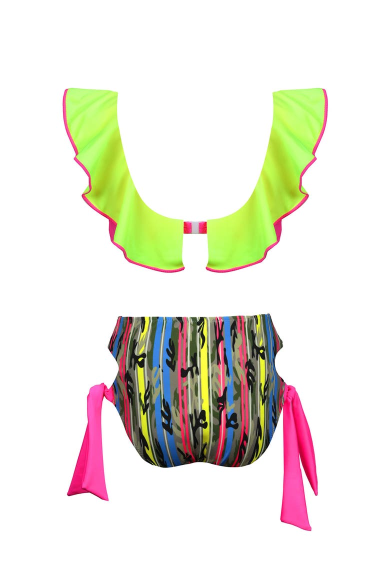 Kids' Bold Mix Ruffle Bikini Neon Lime & Camo Print, Alternate, color, Multicolor
