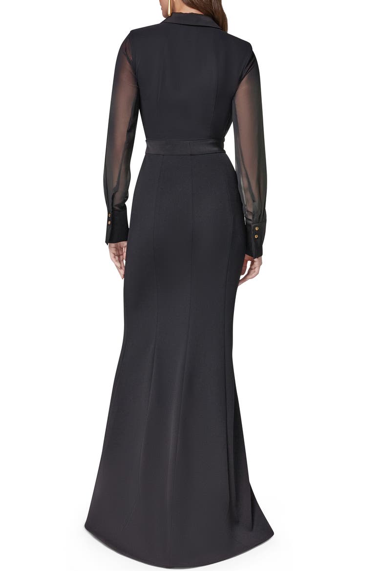 Tuxedo Chiffon Long Sleeve Scuba Crepe Twill Gown, Alternate, color, BLACK