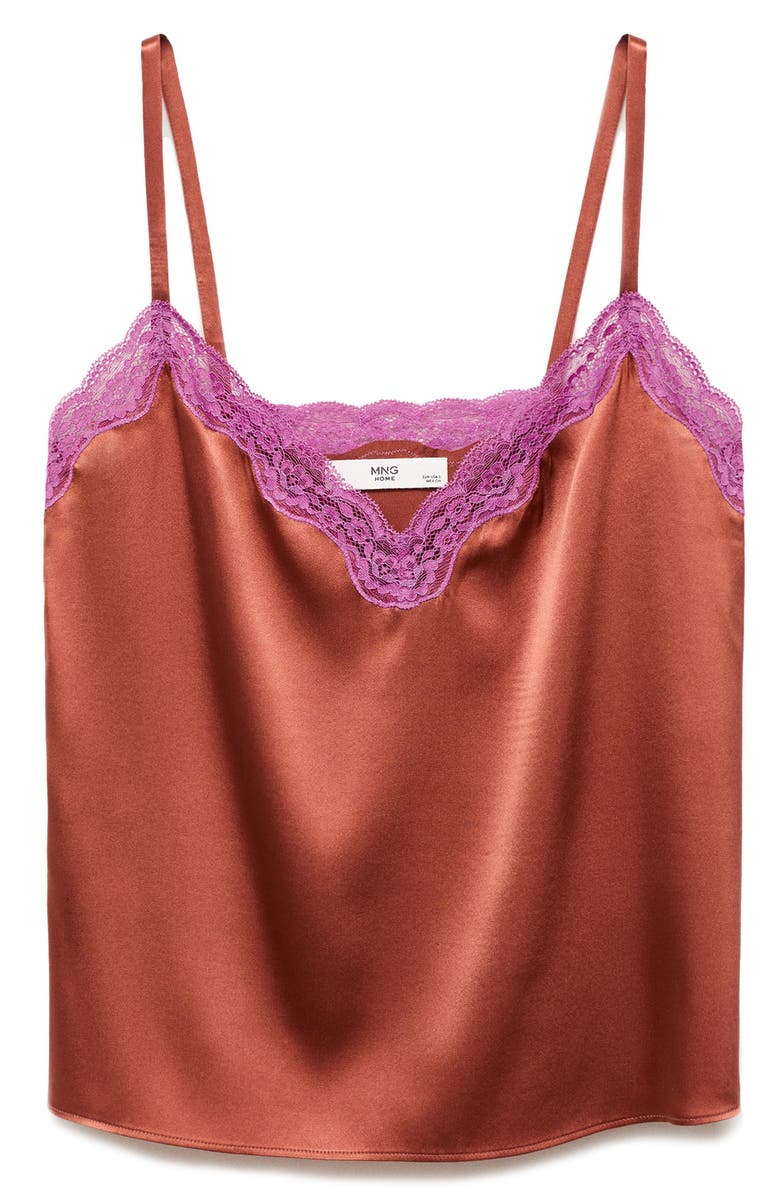 MANGO Contrast Lace Silk Camisole, Alternate, color, Brown