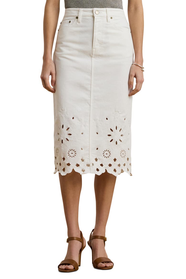 Eyelet Denim Midi Skirt, Main, color, WHITE WSH