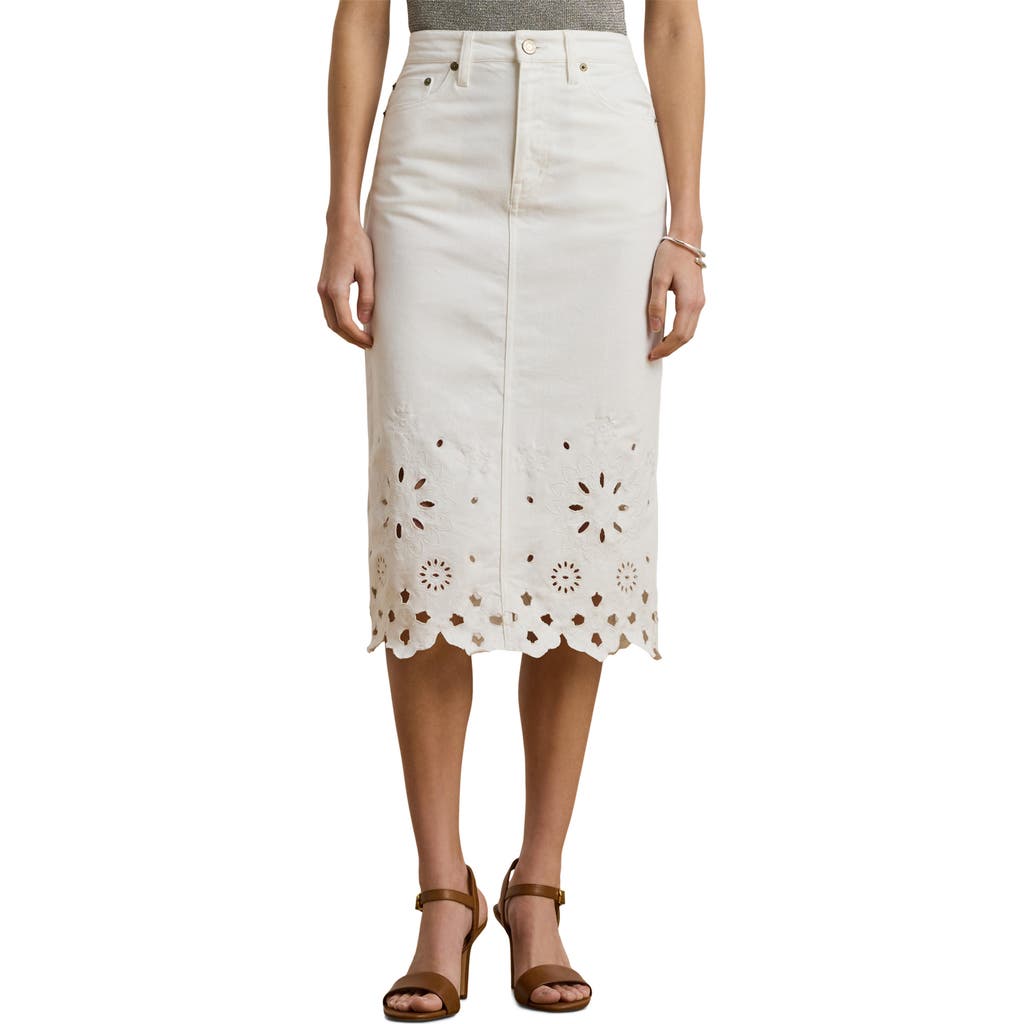 Ralph Lauren Petite Eyelet Denim Midi Skirt