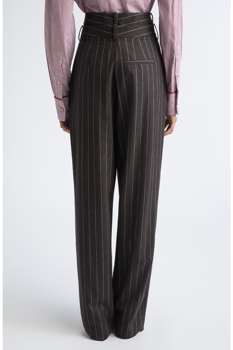 Double Waistband Pleated Pinstripe Stretch Wool Straight Leg Pants, Alternate, color, BROWN