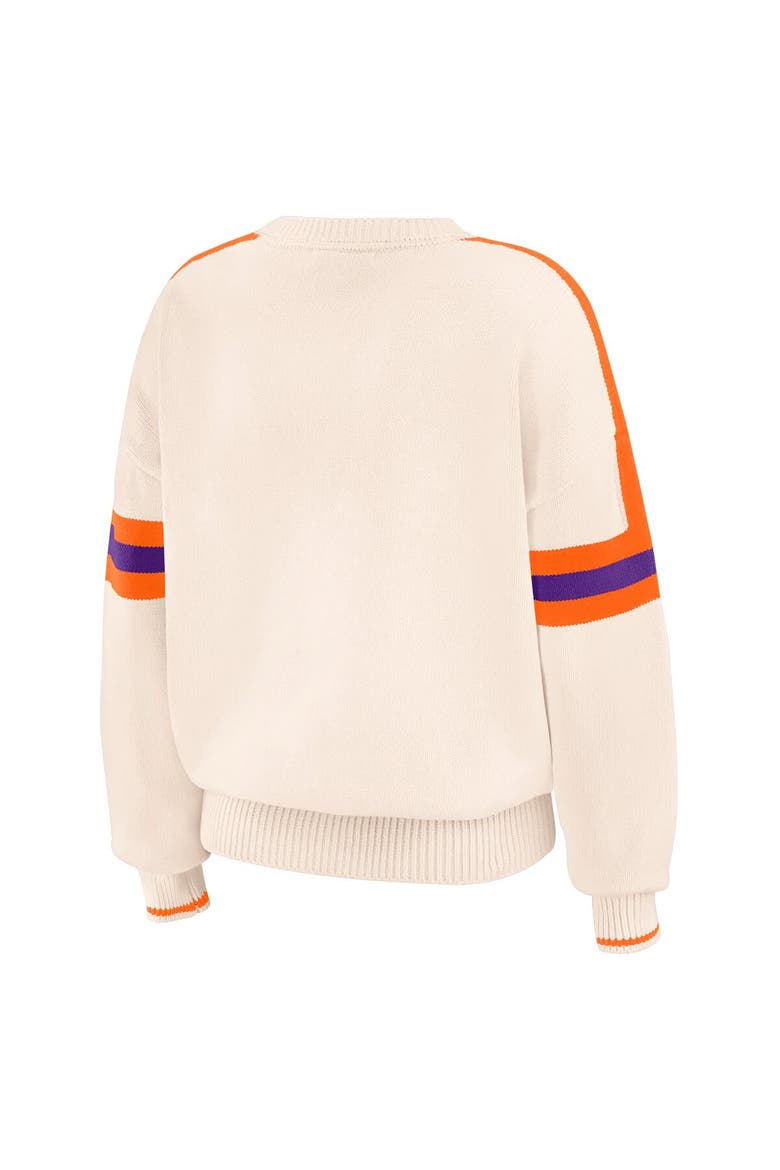 Women's WEAR by Erin Andrews  Cream Clemson Tigers Chenille Woven Patch Stripe Pullover Sweater, Alternate, color, Cream