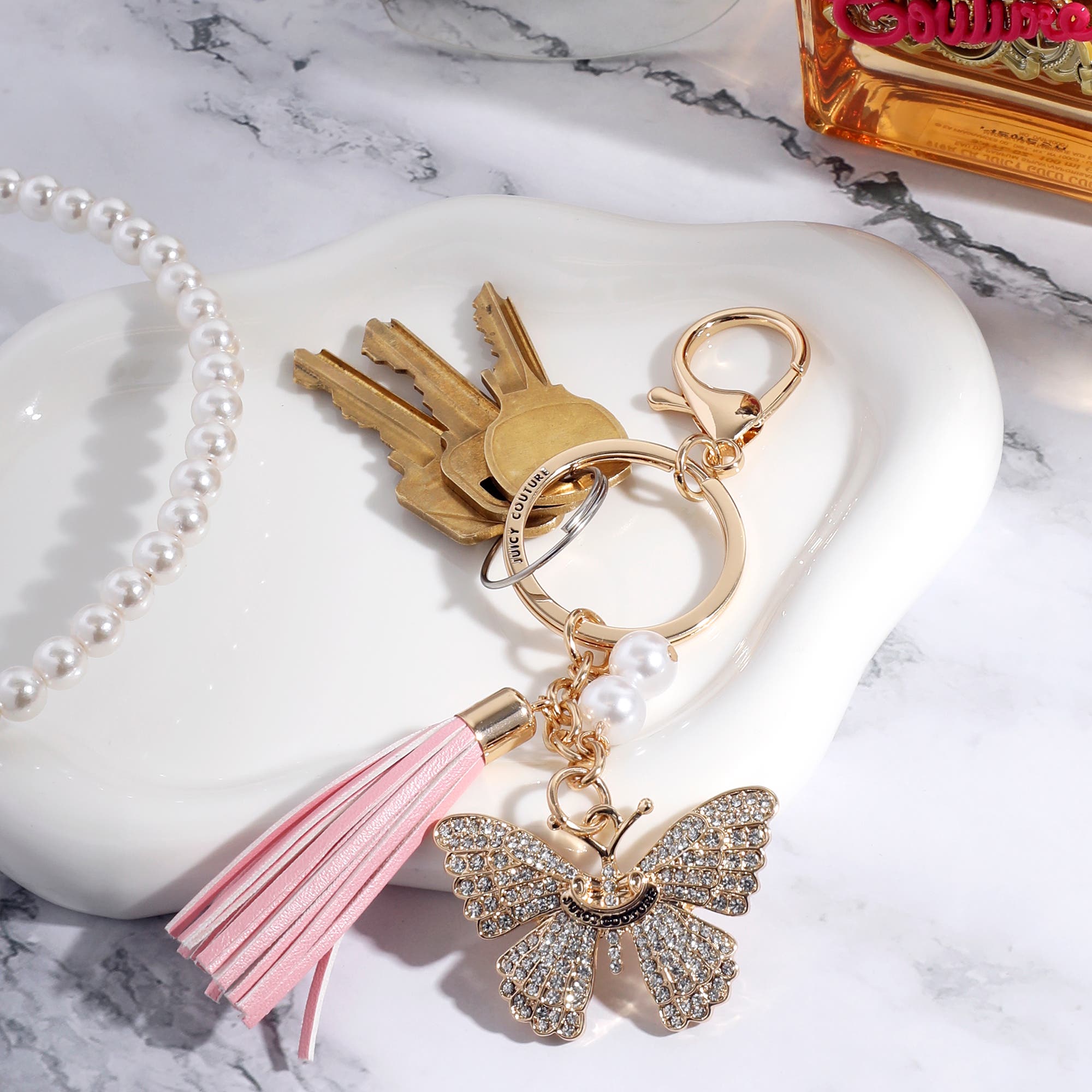 Juicy Couture Butterfly Charm Keychain with Pearls, Alternate, color, Gold, Pink
