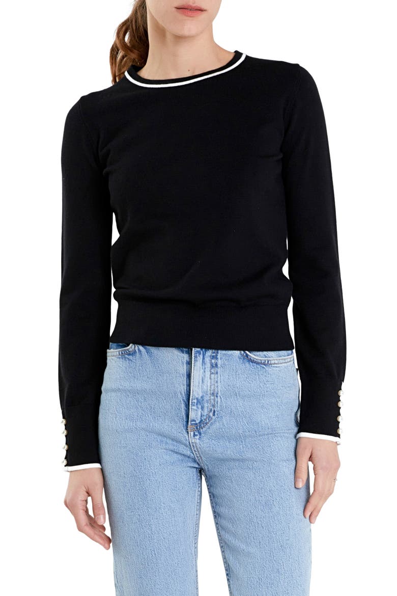 Button Detail Tipped Sweater, Main, color, BLACK/ WHITE