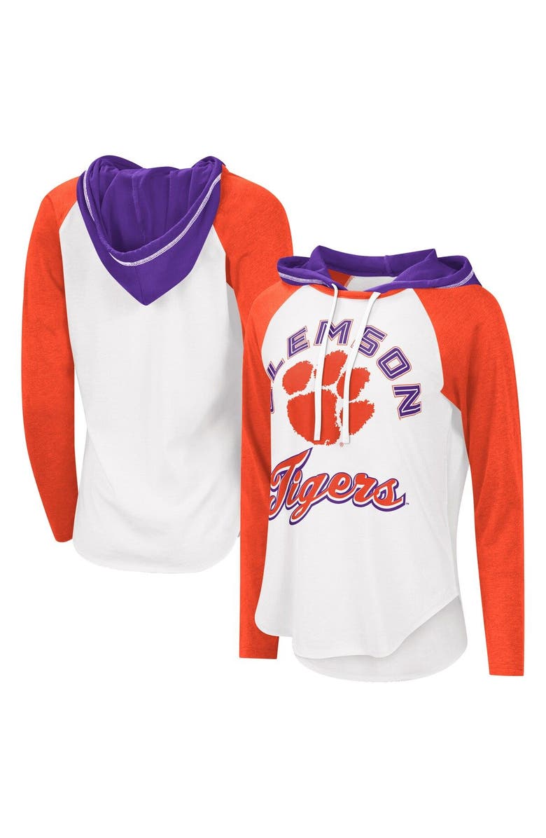 G-III 4HER BY CARL BANKS Women's G-III 4Her by Carl Banks White/Heathered Orange Clemson Tigers From the Sideline Raglan Hoodie Long Sleeve T-Shirt, Alternate, color, 