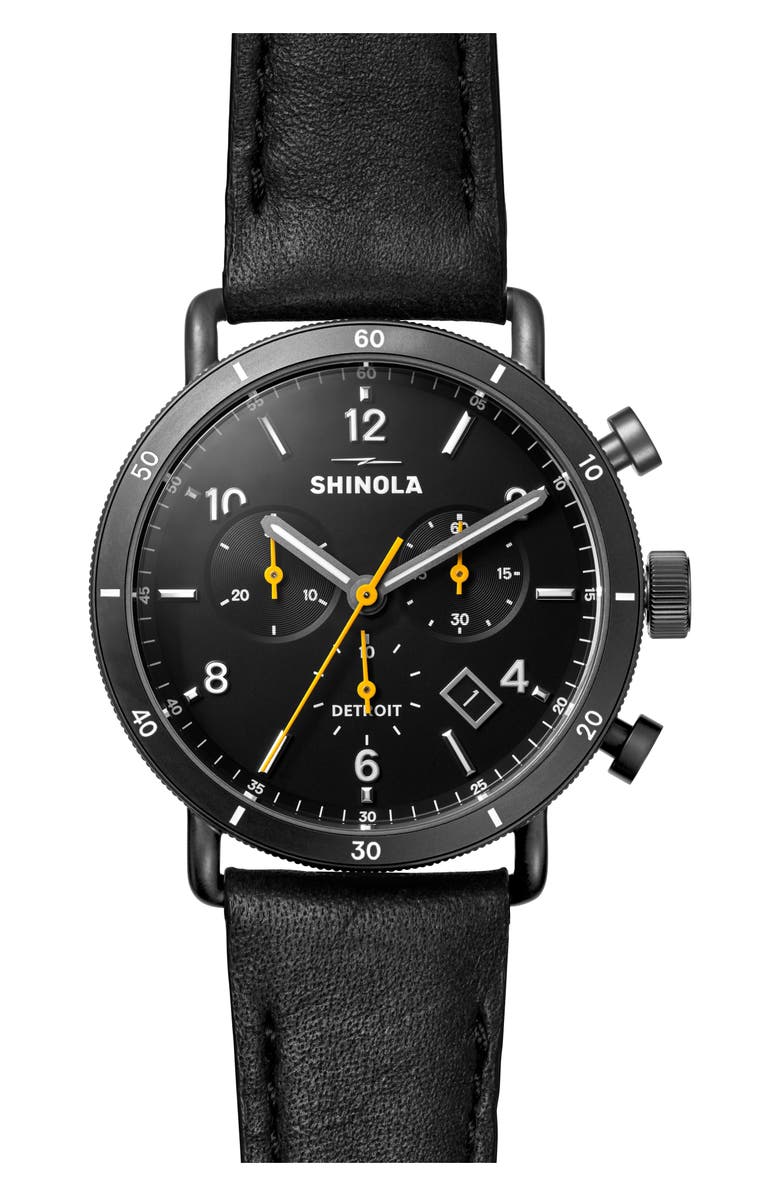 Shinola Canfield Sport Chronograph Leather Strap Watch, 40mm, Main, color, Black