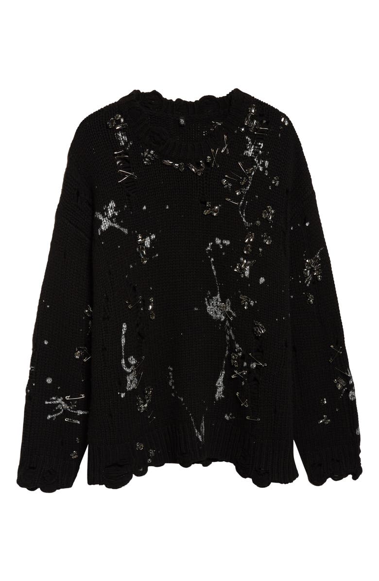 R13 Oversize Safety Pin Embellished Merino Wool Sweater, Alternate, color, Black With Crystals And Pins
