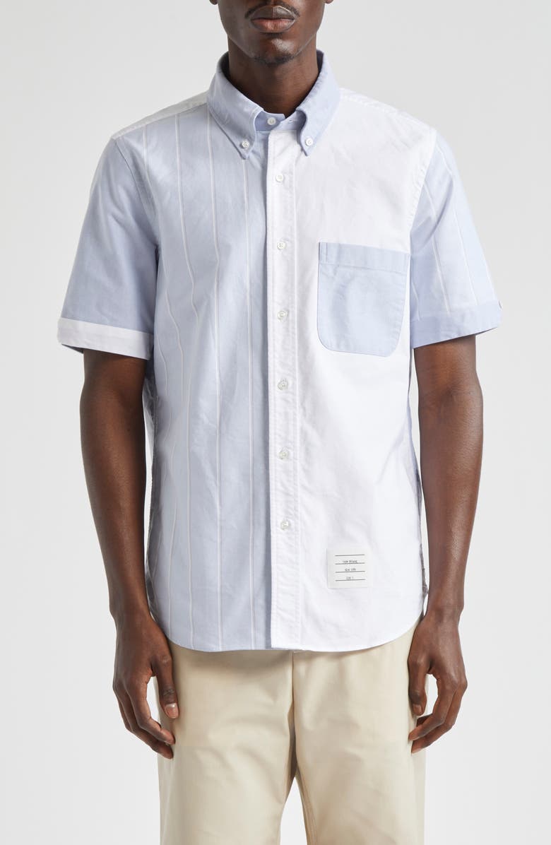 Thom Browne Straight Fit Colorblock Short Sleeve Cotton Button-Down Shirt, Main, color, 