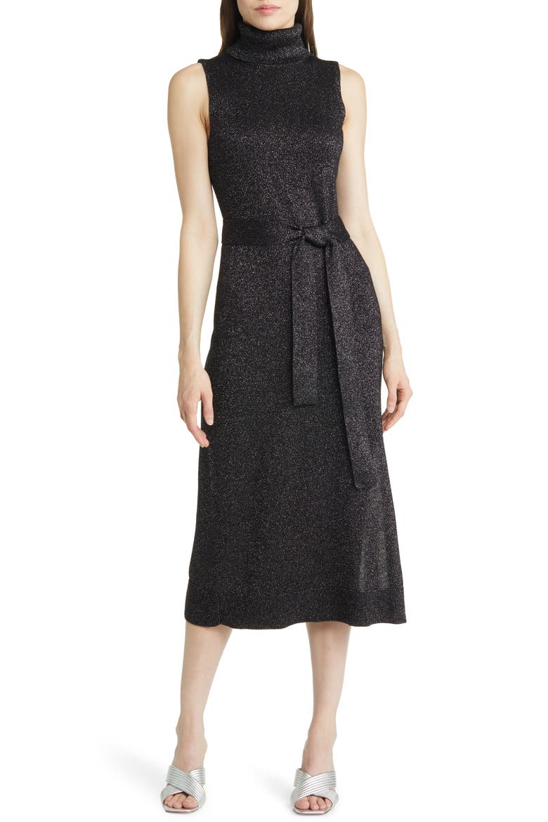 Zoelle Tie Waist Turtleneck Sweater Dress, Main, color, BLACK/ GUNMETAL
