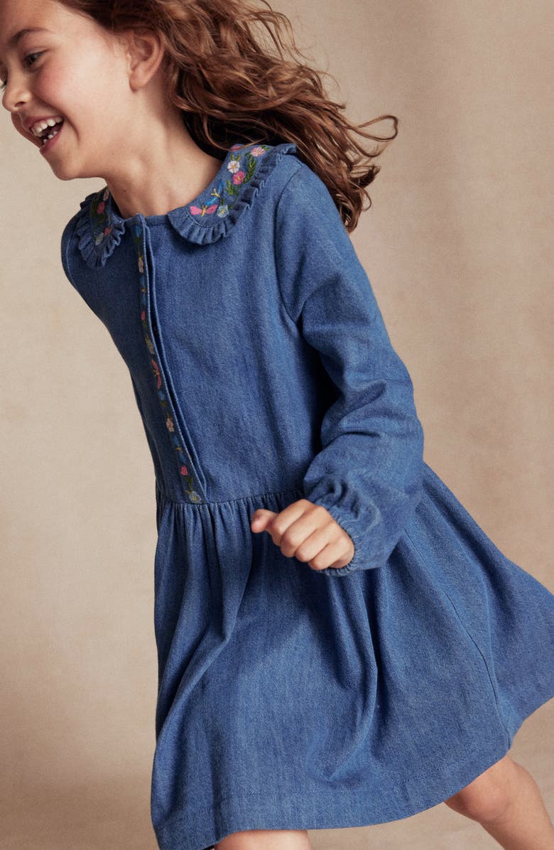 Mini Boden Kids' Embroidered Long Sleeve Denim Dress, Alternate, color, Mid Vintage Denim