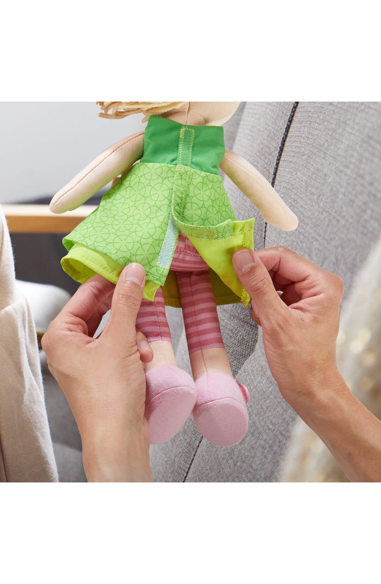 HABA 12" Soft Doll Mali with Blonde Hair and Blue Eyes, Soft Toddler Baby Dolls with Embroidered Face, Machine Washable Toddler Girl Toys for 18 mo+, Alternate, color, Green Multi